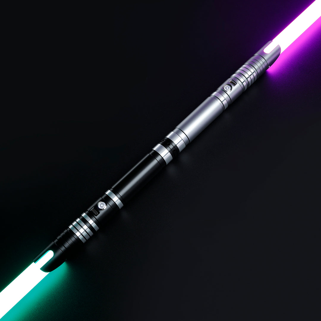 DamienSaber Custom Double Bladed LightSaber Baselit 12 Sound Fonts Xenopixel V2 Metal Hilt 1 Inch PC Blades